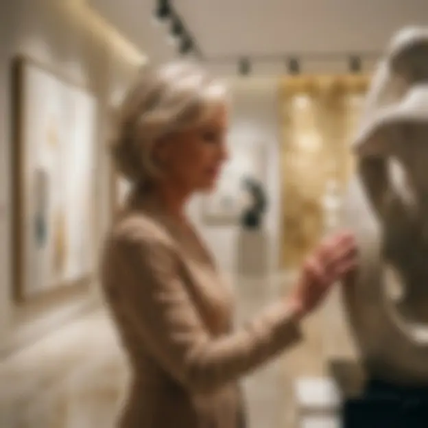 Miembro distinguido de Sugar Mummy Mexico en Guadalajara. Mujer elegante en galería de arte con desenfoque de privacidad.